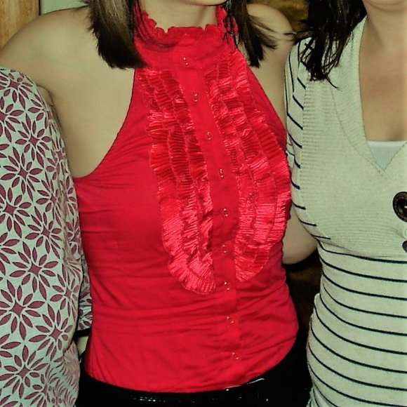 Fabulous Vivid Red Ruffled Button-Front Halter Top - Size XS - Vintage Piece! - Picture 4 of 16